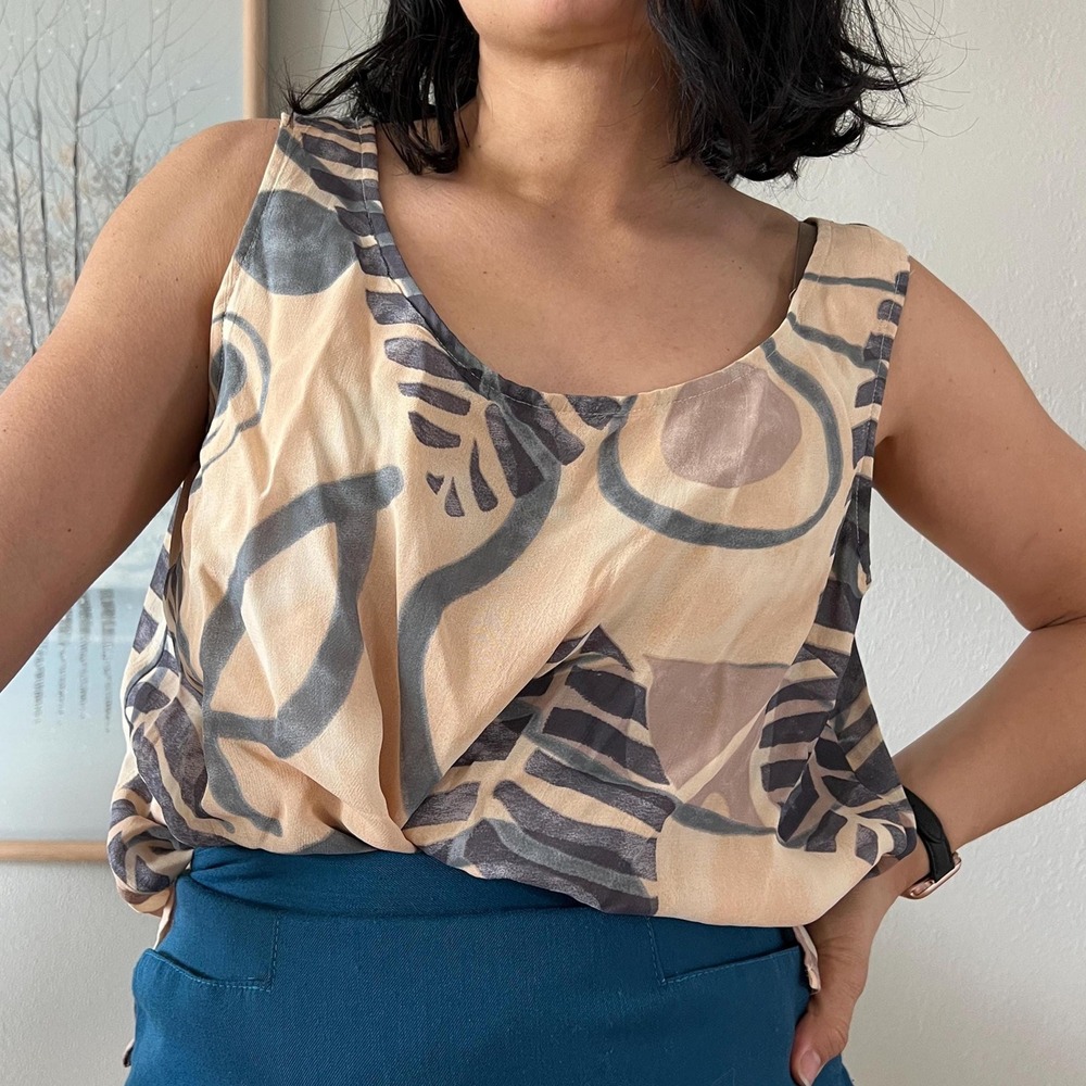 Vintage 90s Abstract Print Tank Neutral Blouse Minimalist Top Summer Large